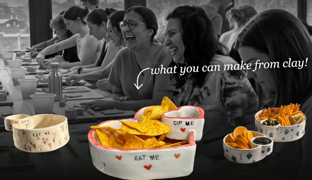 Chicago Girls Who Walk laughing around the long table at The Pottery Loop, with handmade chip and dip plates in front