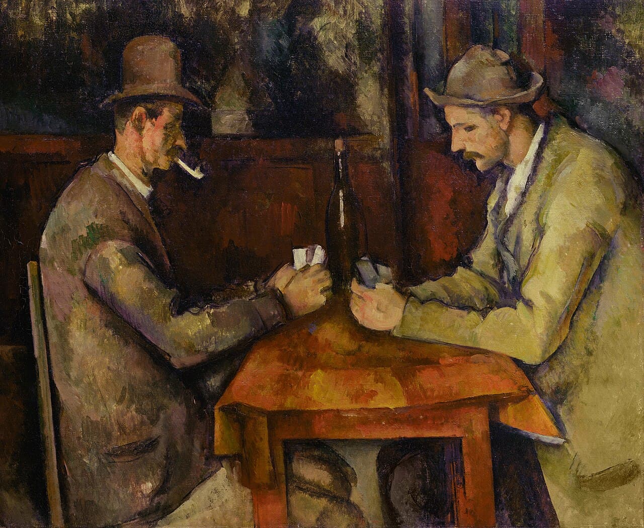 Painting of two men seated at a table, absorbed in a card game