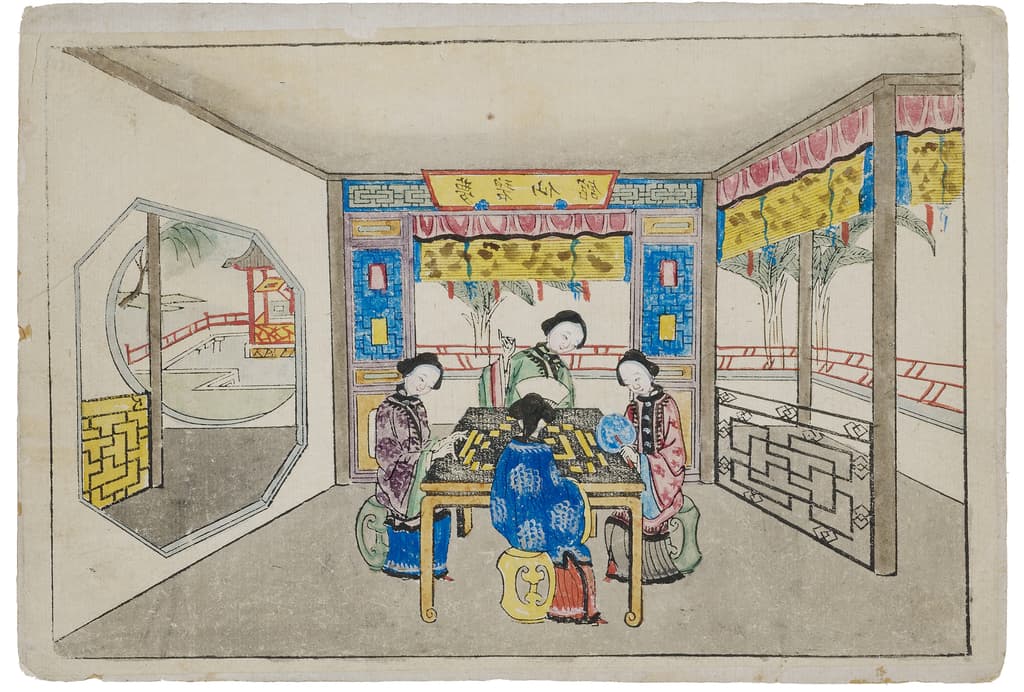 Colored woodcut of four women seated around a table playing mahjong in an ornate interior