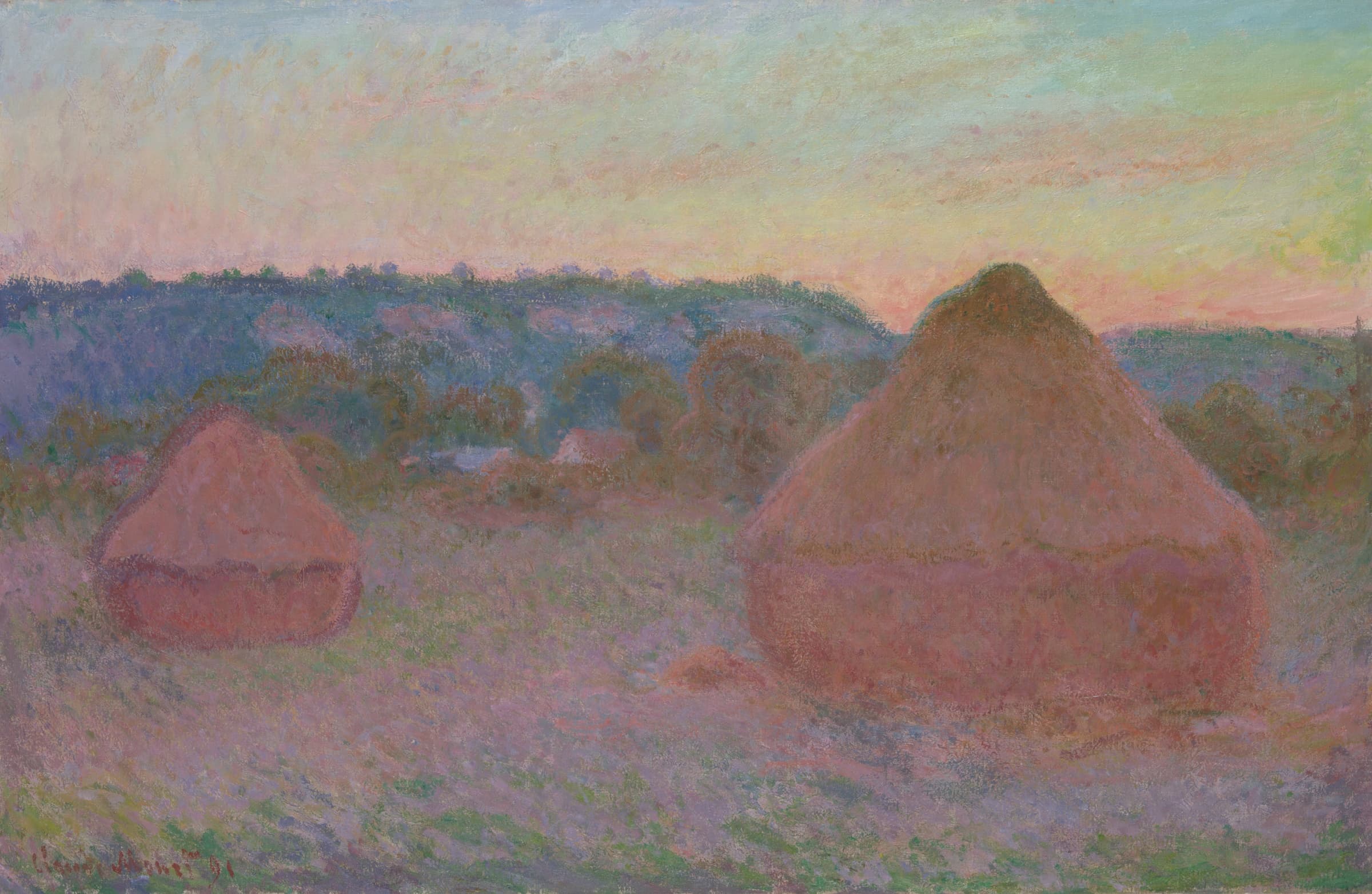 Painting of wheat stacks in a field at the end of a golden autumn day