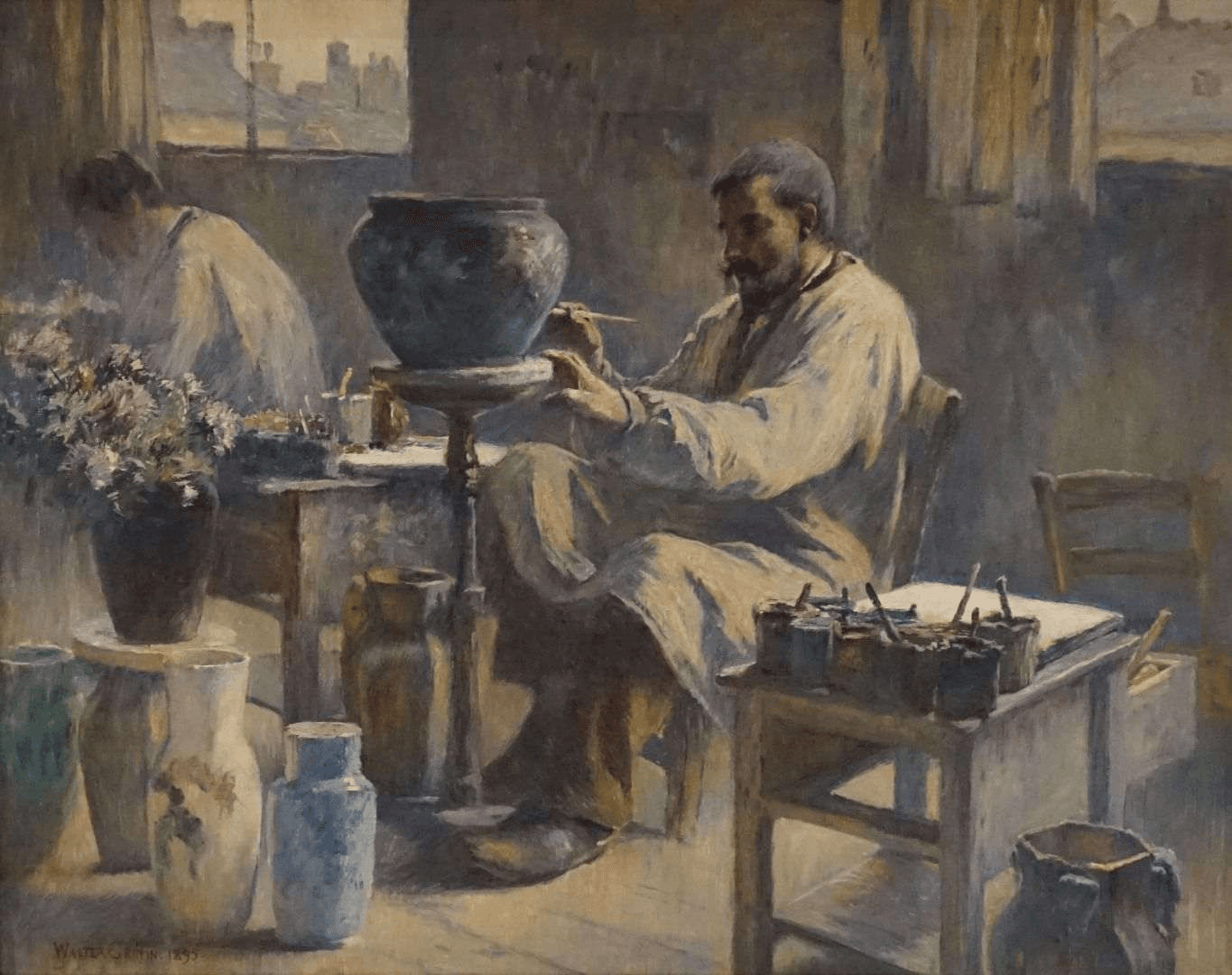 Painting of a potter shaping and decorating a large vessel