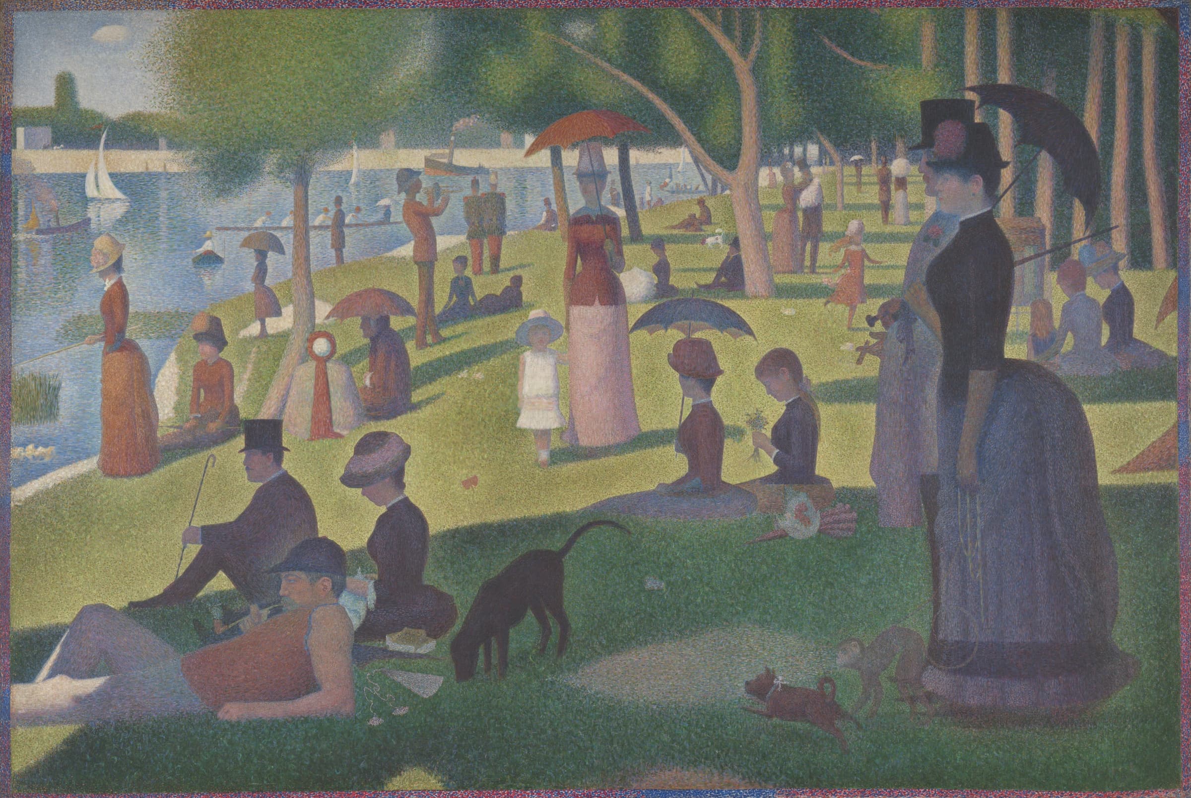 Painting of people resting on a riverbank on a slow, sunlit afternoon