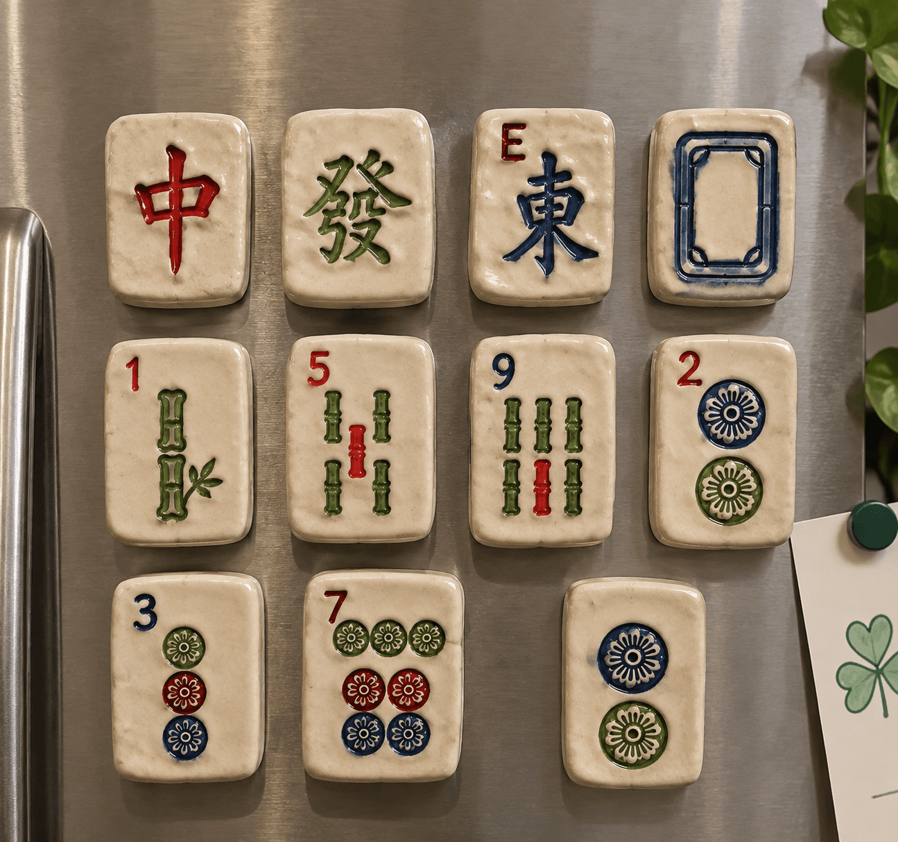 Set of small ceramic mahjong tile magnets arranged on a fridge door