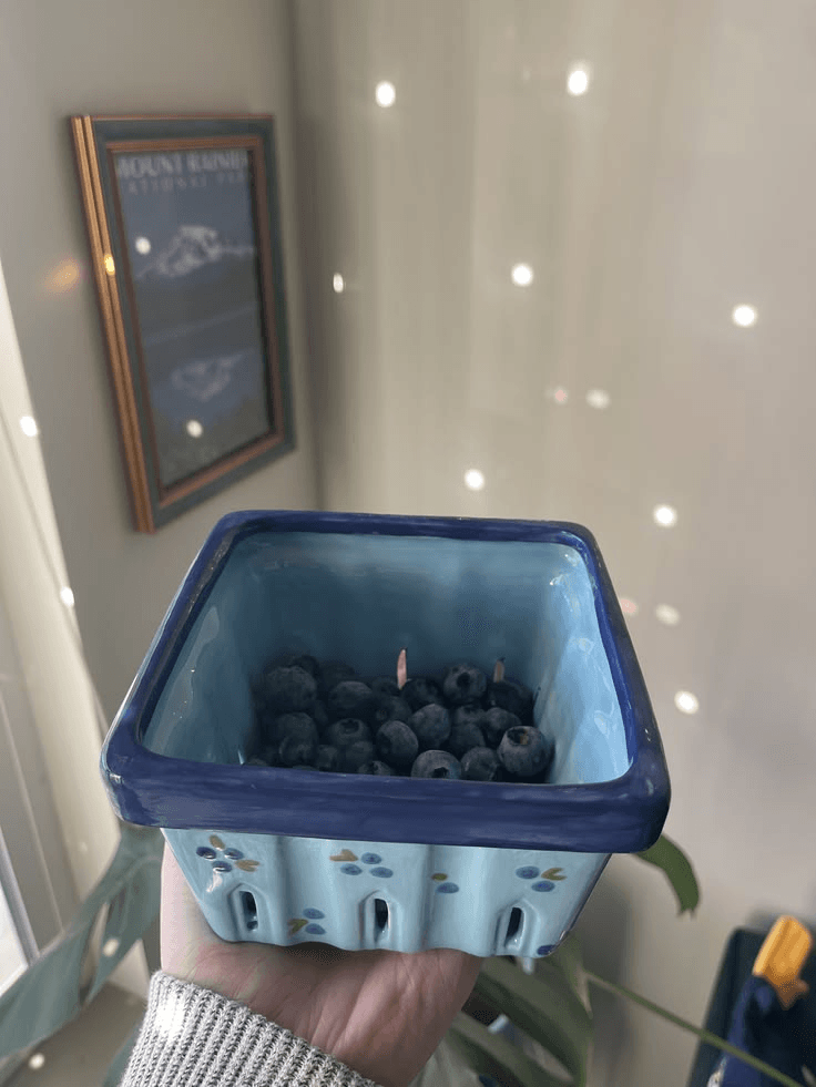A blue berry basket painted with blueberries, holding fresh blueberries