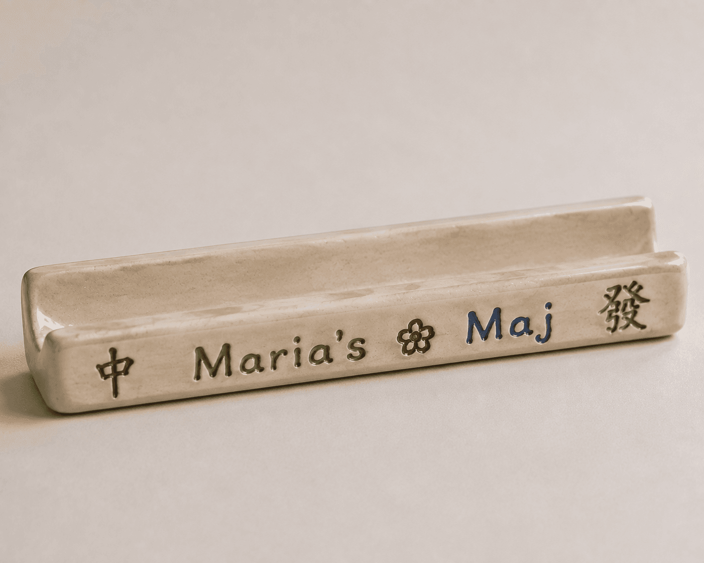 Long ceramic mahjong tile rack with a hand painted personalised inscription