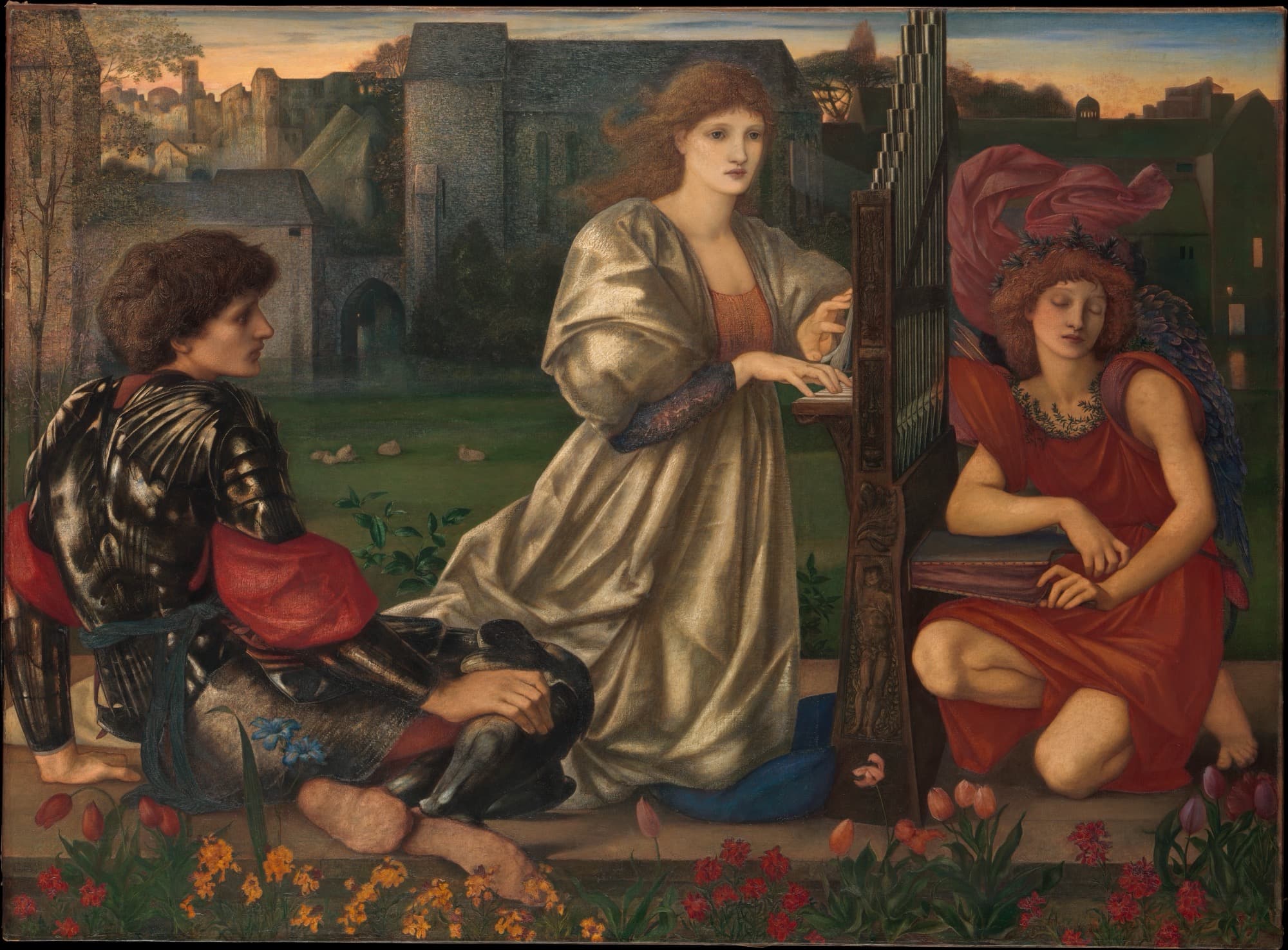 Painting of a knight and a lady beside an organ, an angel playing music for them, rendered in black and white
