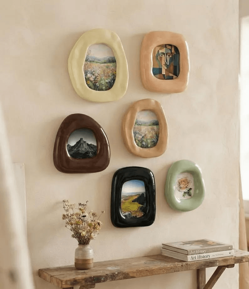 A wall of handbuilt ceramic photo frames in soft colors